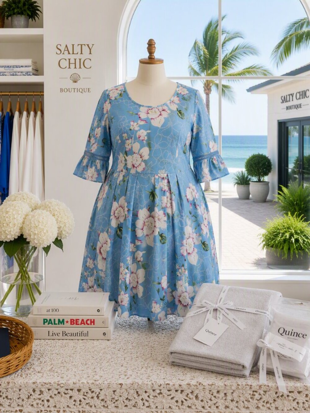 Floral Dress Pin Up Fashion a line dress Scoop Neck Swing Dress Light Blue 14W
